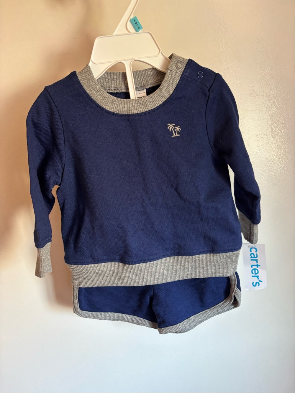 Carter's Navy Top with Gray Trim and Palm Detail